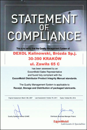 Mobil certyfikat jakości Dexol 2011