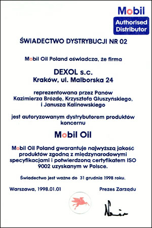 mobil dexol certyfikat dystrybutora 1998