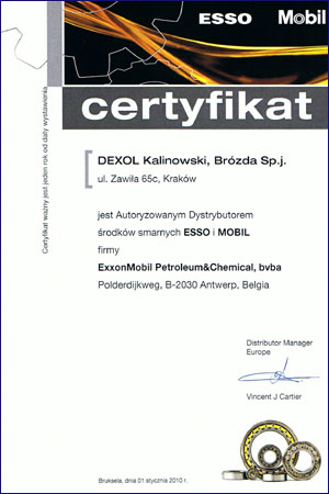 2011-Mobil dexol certyfikat dystrybutora