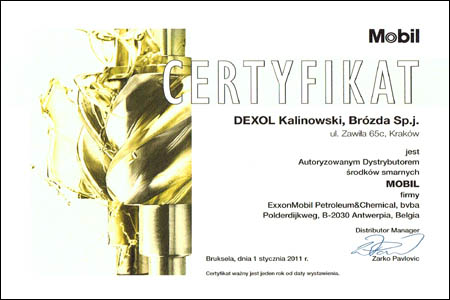 mobil dexol certyfikat dystrybutora 2011